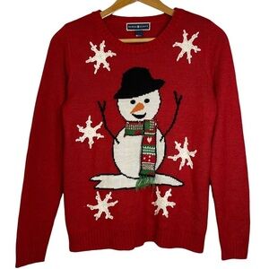 Karen Scott Red Knit Sweater Snowman Snowflake Embellishment Small S